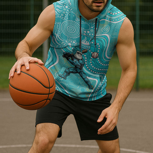 Brisbane Heat Sleeveless Hoodie Indigenous Dot Art Superhero Batter Tribal Pattern