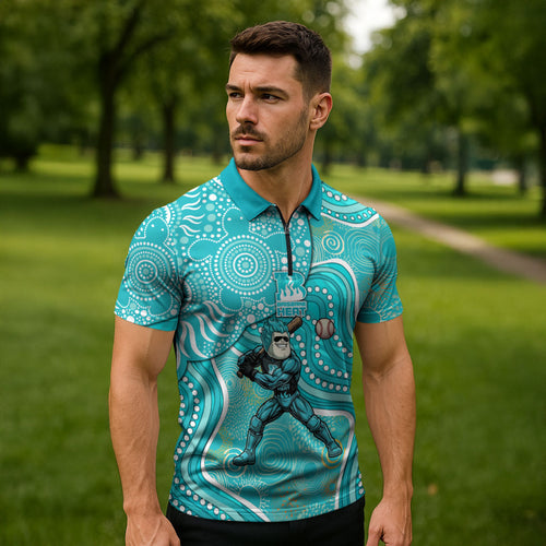 Brisbane Heat Zipper Polo Shirt Indigenous Dot Art Superhero Batter Tribal Pattern