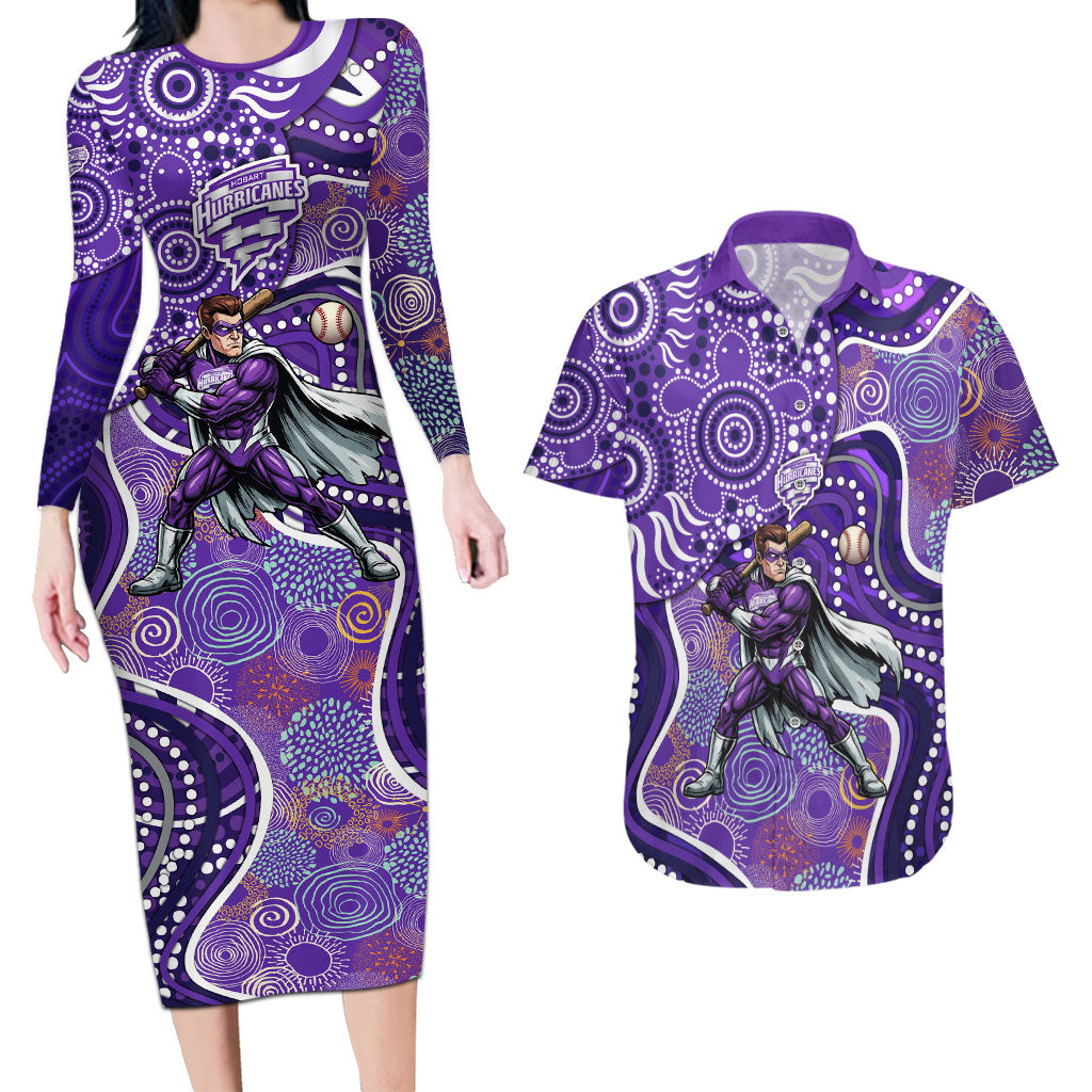 Hobart Hurricanes Couples Matching Long Sleeve Bodycon Dress and Hawaiian Shirt Indigenous Dot Art Superhero Batter Tribal Pattern