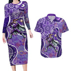 Hobart Hurricanes Couples Matching Long Sleeve Bodycon Dress and Hawaiian Shirt Indigenous Dot Art Superhero Batter Tribal Pattern