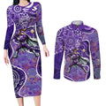 Hobart Hurricanes Couples Matching Long Sleeve Bodycon Dress and Long Sleeve Button Shirt Indigenous Dot Art Superhero Batter Tribal Pattern