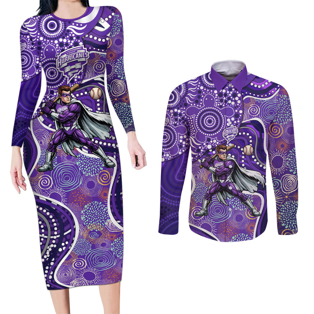 Hobart Hurricanes Couples Matching Long Sleeve Bodycon Dress and Long Sleeve Button Shirt Indigenous Dot Art Superhero Batter Tribal Pattern