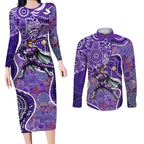 Hobart Hurricanes Couples Matching Long Sleeve Bodycon Dress and Long Sleeve Button Shirt Indigenous Dot Art Superhero Batter Tribal Pattern