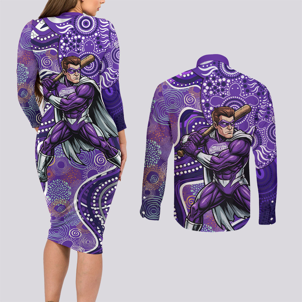 Hobart Hurricanes Couples Matching Long Sleeve Bodycon Dress and Long Sleeve Button Shirt Indigenous Dot Art Superhero Batter Tribal Pattern