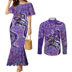 Hobart Hurricanes Couples Matching Mermaid Dress and Long Sleeve Button Shirt Indigenous Dot Art Superhero Batter Tribal Pattern