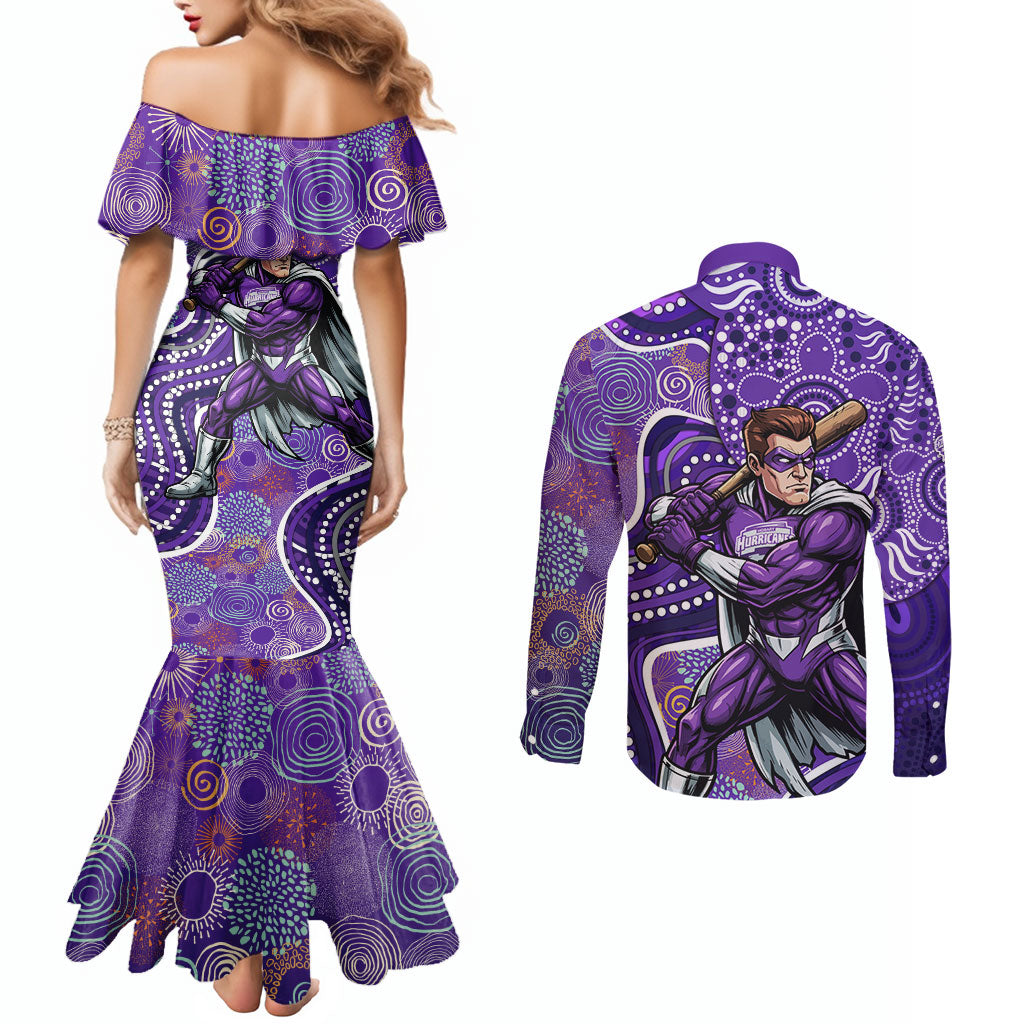 Hobart Hurricanes Couples Matching Mermaid Dress and Long Sleeve Button Shirt Indigenous Dot Art Superhero Batter Tribal Pattern