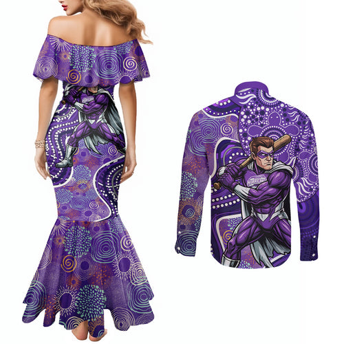 Hobart Hurricanes Couples Matching Mermaid Dress and Long Sleeve Button Shirt Indigenous Dot Art Superhero Batter Tribal Pattern