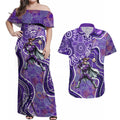 Hobart Hurricanes Couples Matching Off Shoulder Maxi Dress and Hawaiian Shirt Indigenous Dot Art Superhero Batter Tribal Pattern
