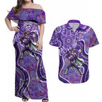 Hobart Hurricanes Couples Matching Off Shoulder Maxi Dress and Hawaiian Shirt Indigenous Dot Art Superhero Batter Tribal Pattern