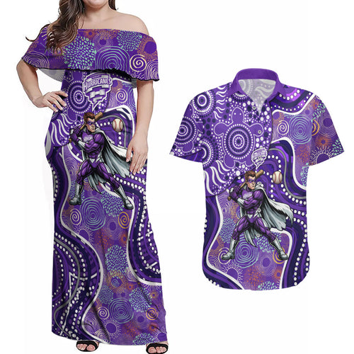 Hobart Hurricanes Couples Matching Off Shoulder Maxi Dress and Hawaiian Shirt Indigenous Dot Art Superhero Batter Tribal Pattern