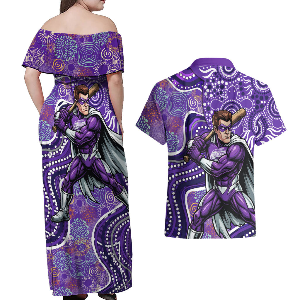Hobart Hurricanes Couples Matching Off Shoulder Maxi Dress and Hawaiian Shirt Indigenous Dot Art Superhero Batter Tribal Pattern