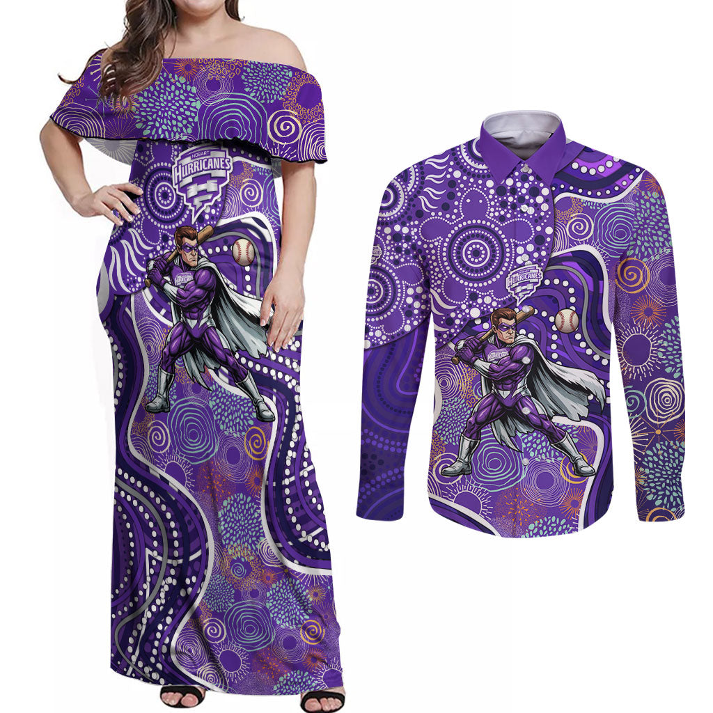 Hobart Hurricanes Couples Matching Off Shoulder Maxi Dress and Long Sleeve Button Shirt Indigenous Dot Art Superhero Batter Tribal Pattern