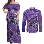 Hobart Hurricanes Couples Matching Off Shoulder Maxi Dress and Long Sleeve Button Shirt Indigenous Dot Art Superhero Batter Tribal Pattern