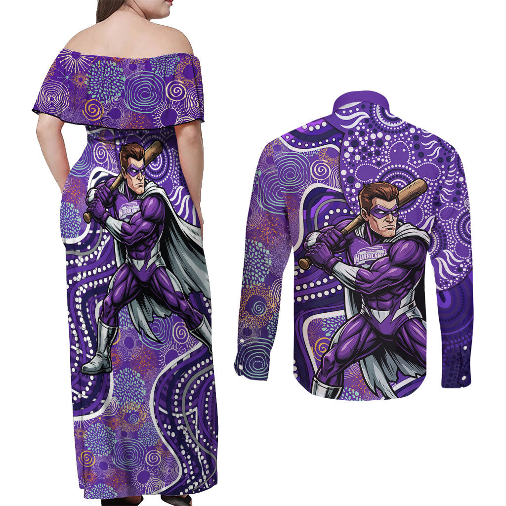 Hobart Hurricanes Couples Matching Off Shoulder Maxi Dress and Long Sleeve Button Shirt Indigenous Dot Art Superhero Batter Tribal Pattern
