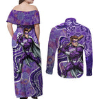 Hobart Hurricanes Couples Matching Off Shoulder Maxi Dress and Long Sleeve Button Shirt Indigenous Dot Art Superhero Batter Tribal Pattern