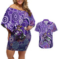 Hobart Hurricanes Couples Matching Off Shoulder Short Dress and Hawaiian Shirt Indigenous Dot Art Superhero Batter Tribal Pattern