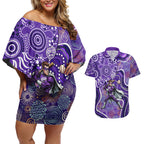 Hobart Hurricanes Couples Matching Off Shoulder Short Dress and Hawaiian Shirt Indigenous Dot Art Superhero Batter Tribal Pattern