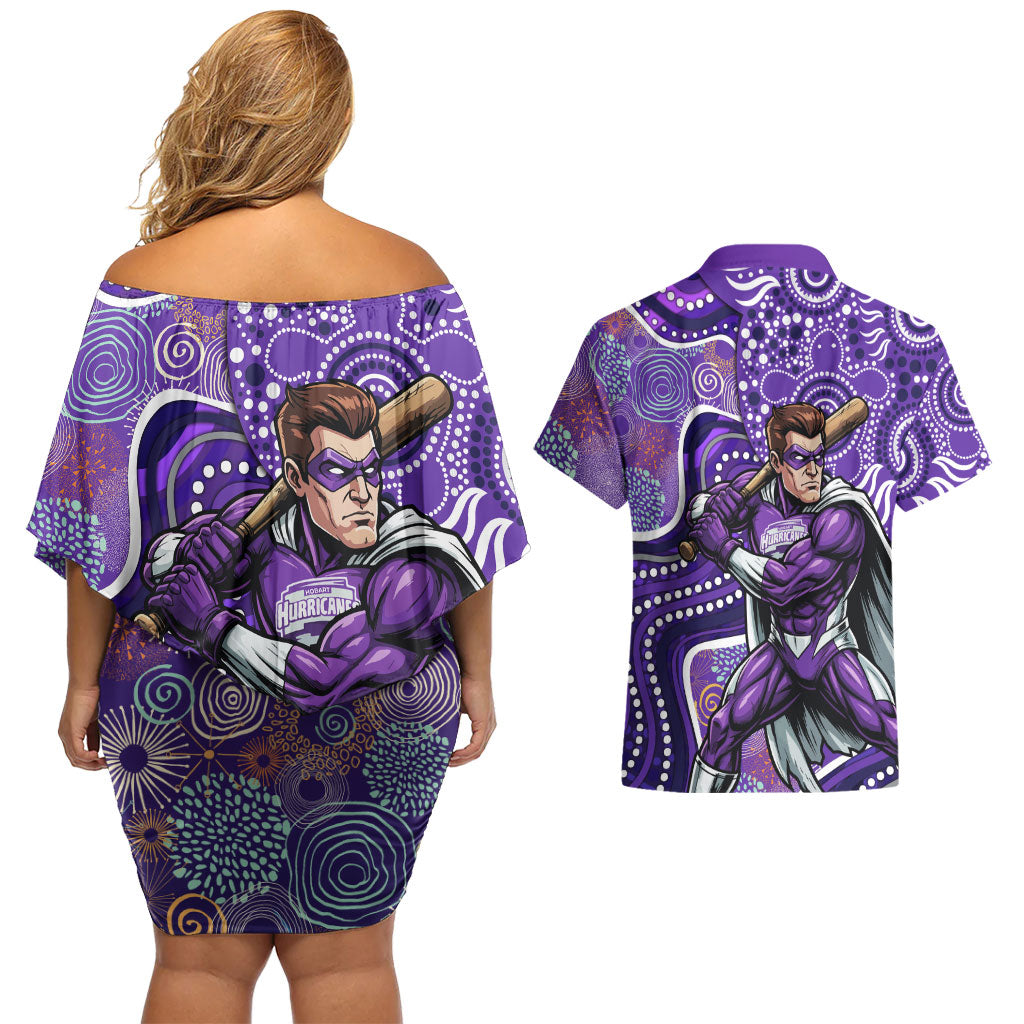 Hobart Hurricanes Couples Matching Off Shoulder Short Dress and Hawaiian Shirt Indigenous Dot Art Superhero Batter Tribal Pattern