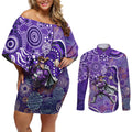 Hobart Hurricanes Couples Matching Off Shoulder Short Dress and Long Sleeve Button Shirt Indigenous Dot Art Superhero Batter Tribal Pattern