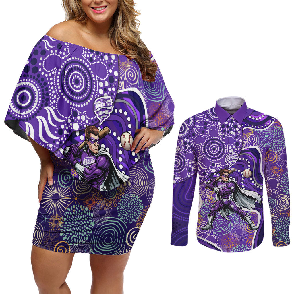 Hobart Hurricanes Couples Matching Off Shoulder Short Dress and Long Sleeve Button Shirt Indigenous Dot Art Superhero Batter Tribal Pattern