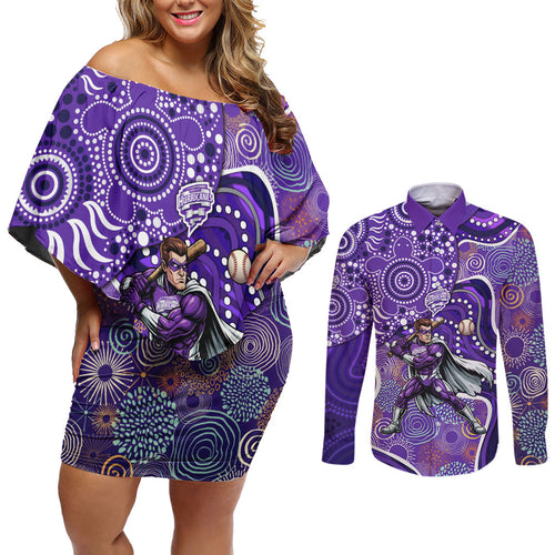 Hobart Hurricanes Couples Matching Off Shoulder Short Dress and Long Sleeve Button Shirt Indigenous Dot Art Superhero Batter Tribal Pattern