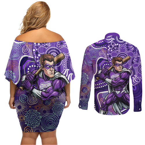 Hobart Hurricanes Couples Matching Off Shoulder Short Dress and Long Sleeve Button Shirt Indigenous Dot Art Superhero Batter Tribal Pattern