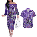 Hobart Hurricanes Couples Matching Off The Shoulder Long Sleeve Dress and Hawaiian Shirt Indigenous Dot Art Superhero Batter Tribal Pattern