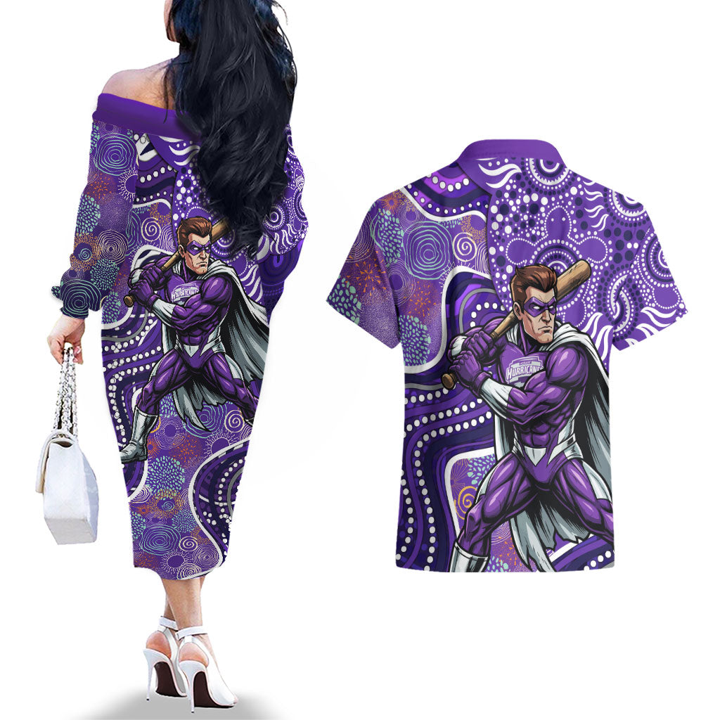 Hobart Hurricanes Couples Matching Off The Shoulder Long Sleeve Dress and Hawaiian Shirt Indigenous Dot Art Superhero Batter Tribal Pattern