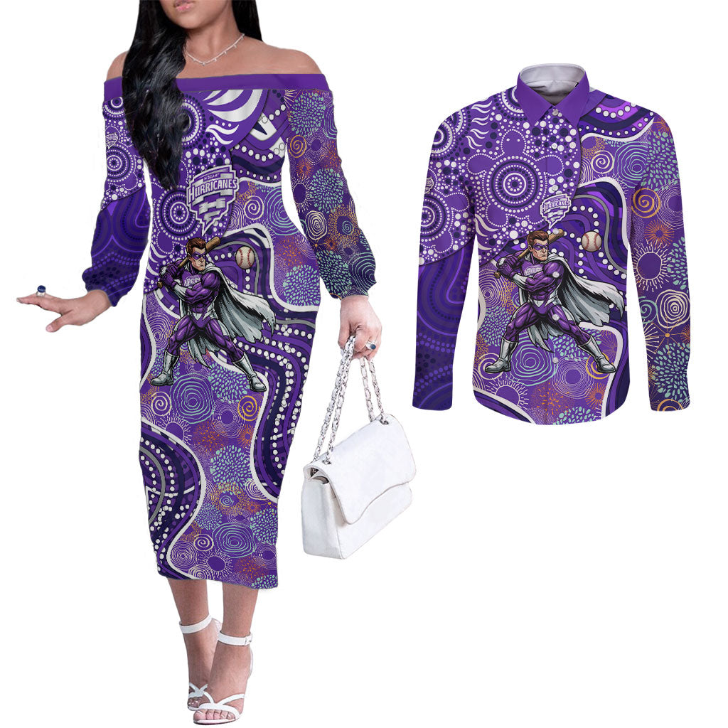 Hobart Hurricanes Couples Matching Off The Shoulder Long Sleeve Dress and Long Sleeve Button Shirt Indigenous Dot Art Superhero Batter Tribal Pattern