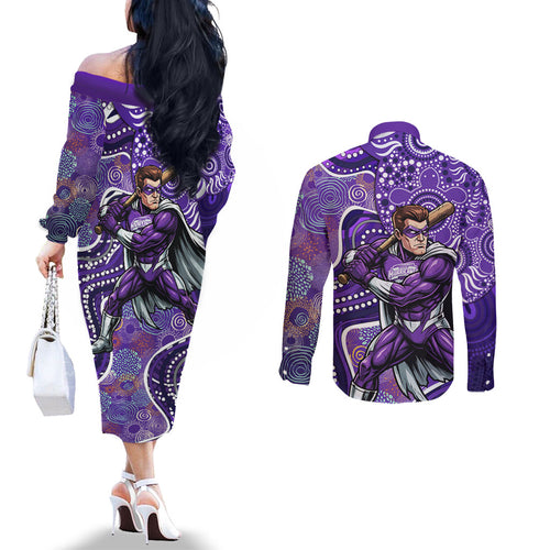 Hobart Hurricanes Couples Matching Off The Shoulder Long Sleeve Dress and Long Sleeve Button Shirt Indigenous Dot Art Superhero Batter Tribal Pattern