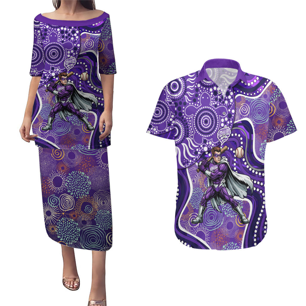 Hobart Hurricanes Couples Matching Puletasi and Hawaiian Shirt Indigenous Dot Art Superhero Batter Tribal Pattern