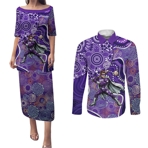 Hobart Hurricanes Couples Matching Puletasi and Long Sleeve Button Shirt Indigenous Dot Art Superhero Batter Tribal Pattern