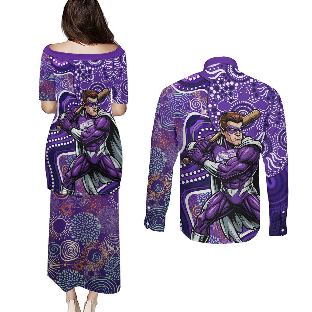Hobart Hurricanes Couples Matching Puletasi and Long Sleeve Button Shirt Indigenous Dot Art Superhero Batter Tribal Pattern