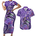 Hobart Hurricanes Couples Matching Short Sleeve Bodycon Dress and Hawaiian Shirt Indigenous Dot Art Superhero Batter Tribal Pattern