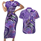 Hobart Hurricanes Couples Matching Short Sleeve Bodycon Dress and Hawaiian Shirt Indigenous Dot Art Superhero Batter Tribal Pattern