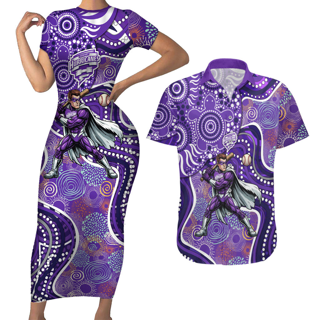 Hobart Hurricanes Couples Matching Short Sleeve Bodycon Dress and Hawaiian Shirt Indigenous Dot Art Superhero Batter Tribal Pattern
