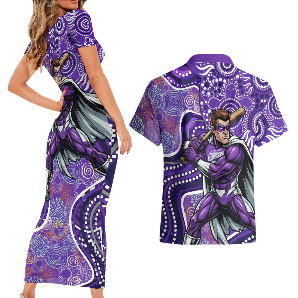 Hobart Hurricanes Couples Matching Short Sleeve Bodycon Dress and Hawaiian Shirt Indigenous Dot Art Superhero Batter Tribal Pattern