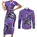 Hobart Hurricanes Couples Matching Short Sleeve Bodycon Dress and Long Sleeve Button Shirt Indigenous Dot Art Superhero Batter Tribal Pattern