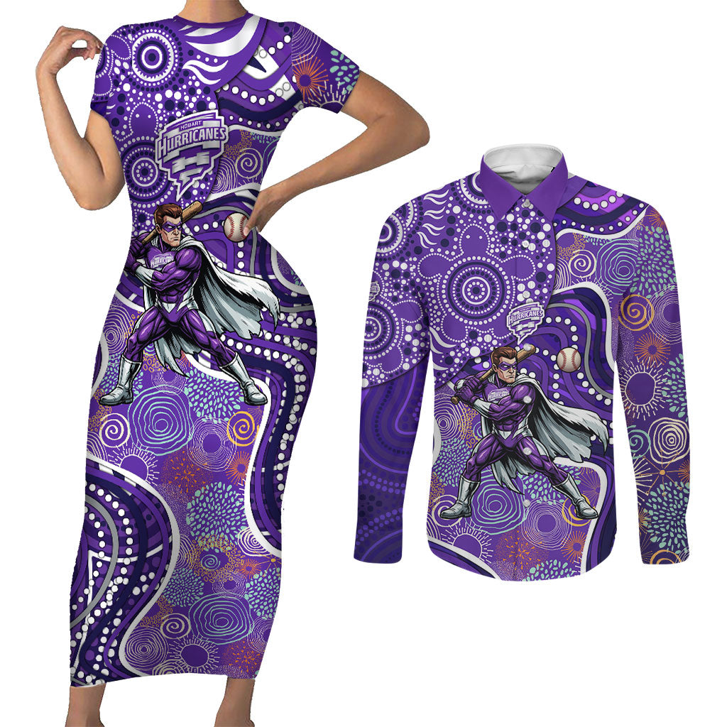 Hobart Hurricanes Couples Matching Short Sleeve Bodycon Dress and Long Sleeve Button Shirt Indigenous Dot Art Superhero Batter Tribal Pattern