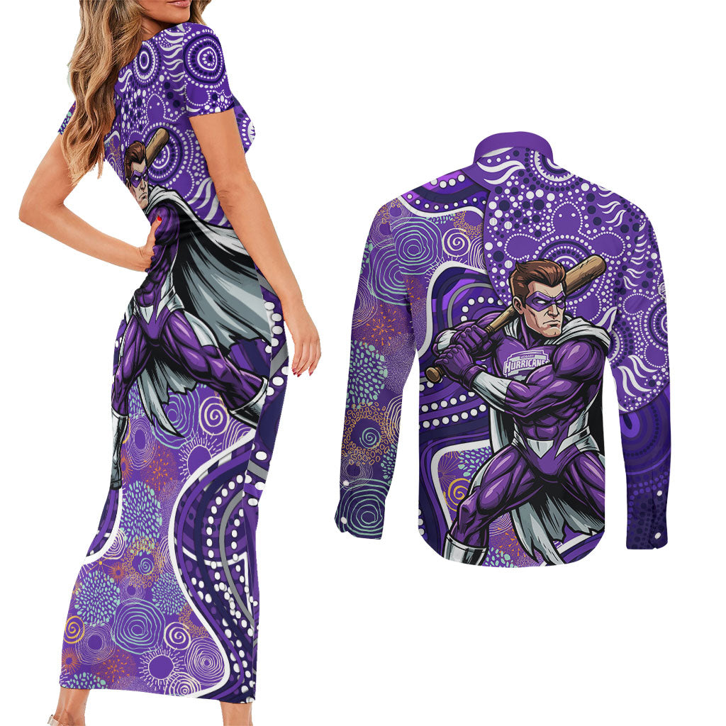 Hobart Hurricanes Couples Matching Short Sleeve Bodycon Dress and Long Sleeve Button Shirt Indigenous Dot Art Superhero Batter Tribal Pattern