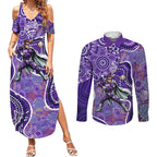 Hobart Hurricanes Couples Matching Summer Maxi Dress and Long Sleeve Button Shirt Indigenous Dot Art Superhero Batter Tribal Pattern