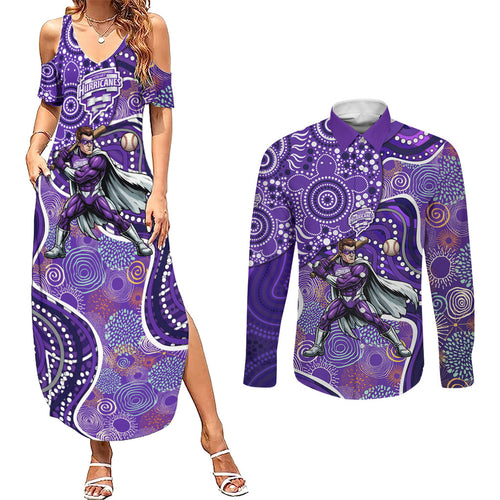Hobart Hurricanes Couples Matching Summer Maxi Dress and Long Sleeve Button Shirt Indigenous Dot Art Superhero Batter Tribal Pattern