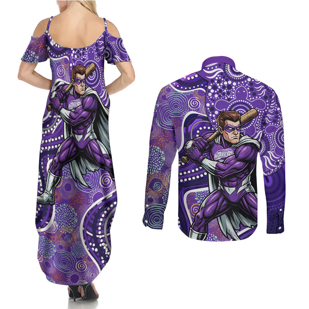 Hobart Hurricanes Couples Matching Summer Maxi Dress and Long Sleeve Button Shirt Indigenous Dot Art Superhero Batter Tribal Pattern