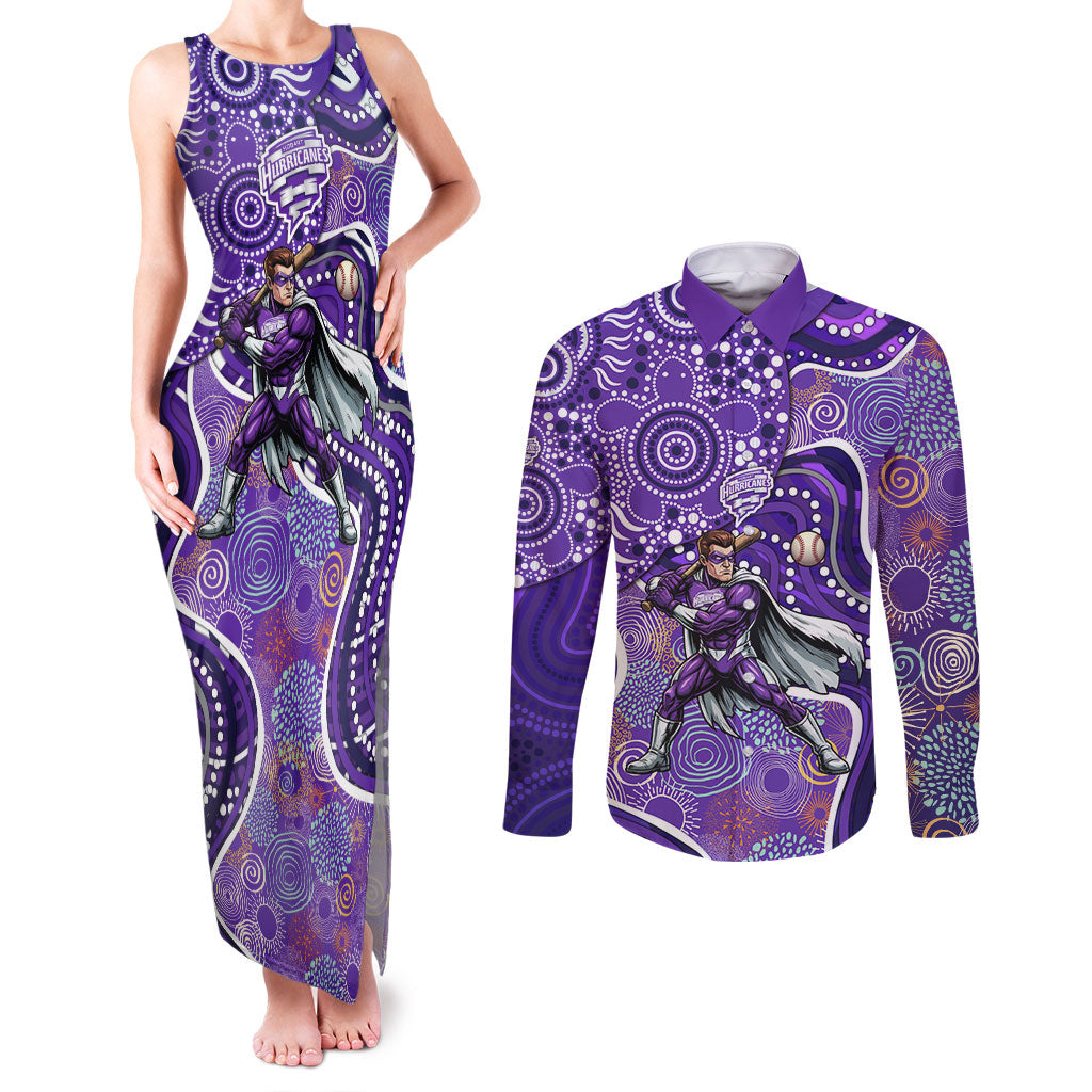 Hobart Hurricanes Couples Matching Tank Maxi Dress and Long Sleeve Button Shirt Indigenous Dot Art Superhero Batter Tribal Pattern