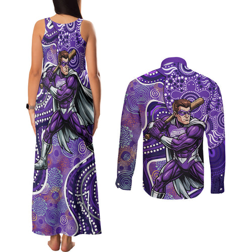 Hobart Hurricanes Couples Matching Tank Maxi Dress and Long Sleeve Button Shirt Indigenous Dot Art Superhero Batter Tribal Pattern