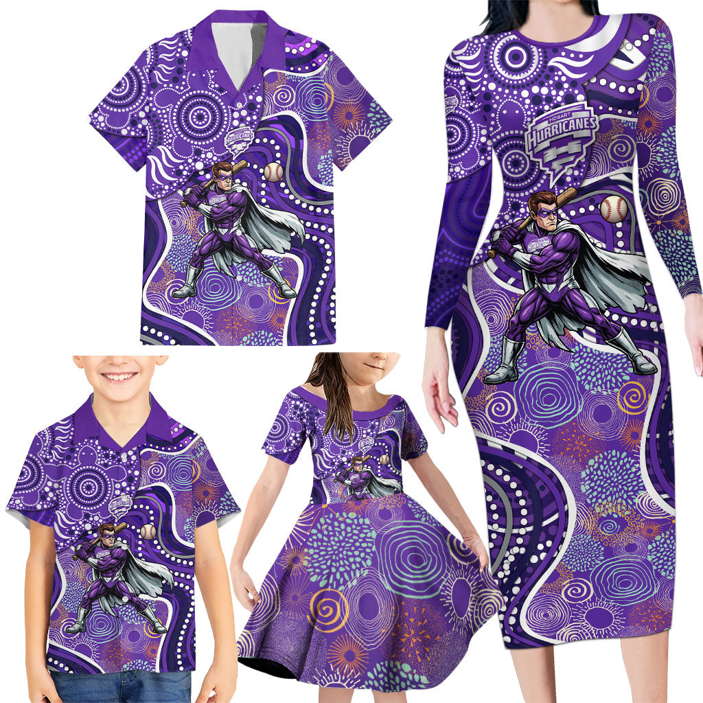 Hobart Hurricanes Family Matching Long Sleeve Bodycon Dress and Hawaiian Shirt Indigenous Dot Art Superhero Batter Tribal Pattern