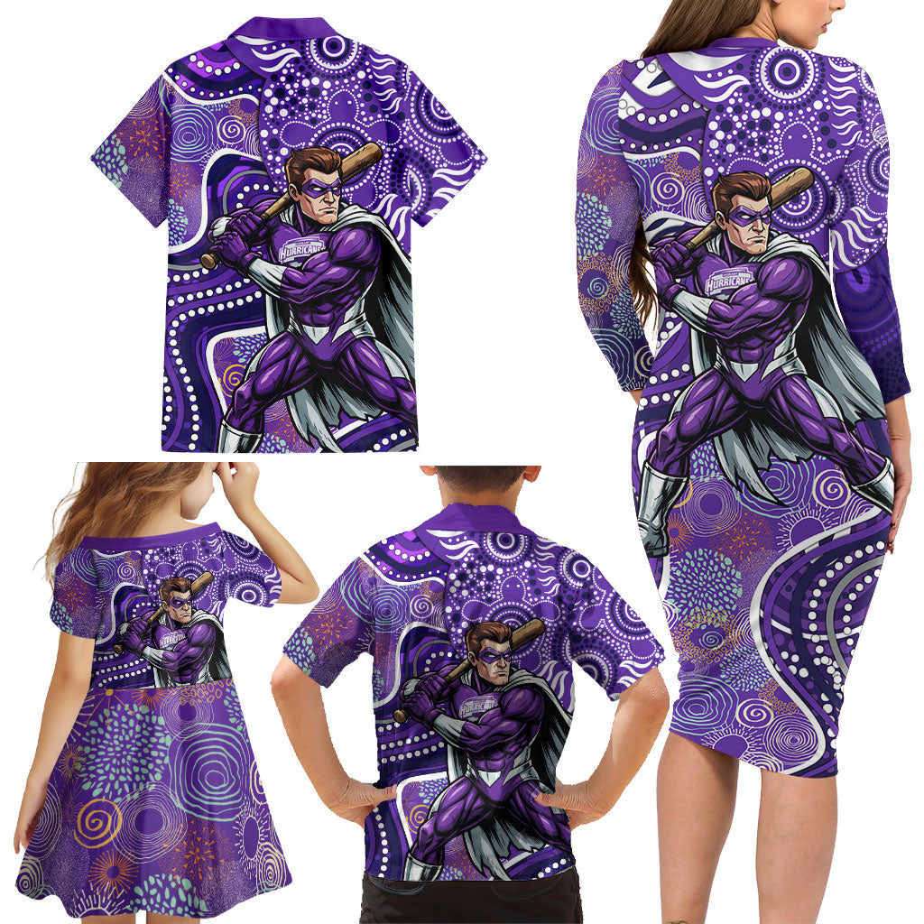 Hobart Hurricanes Family Matching Long Sleeve Bodycon Dress and Hawaiian Shirt Indigenous Dot Art Superhero Batter Tribal Pattern