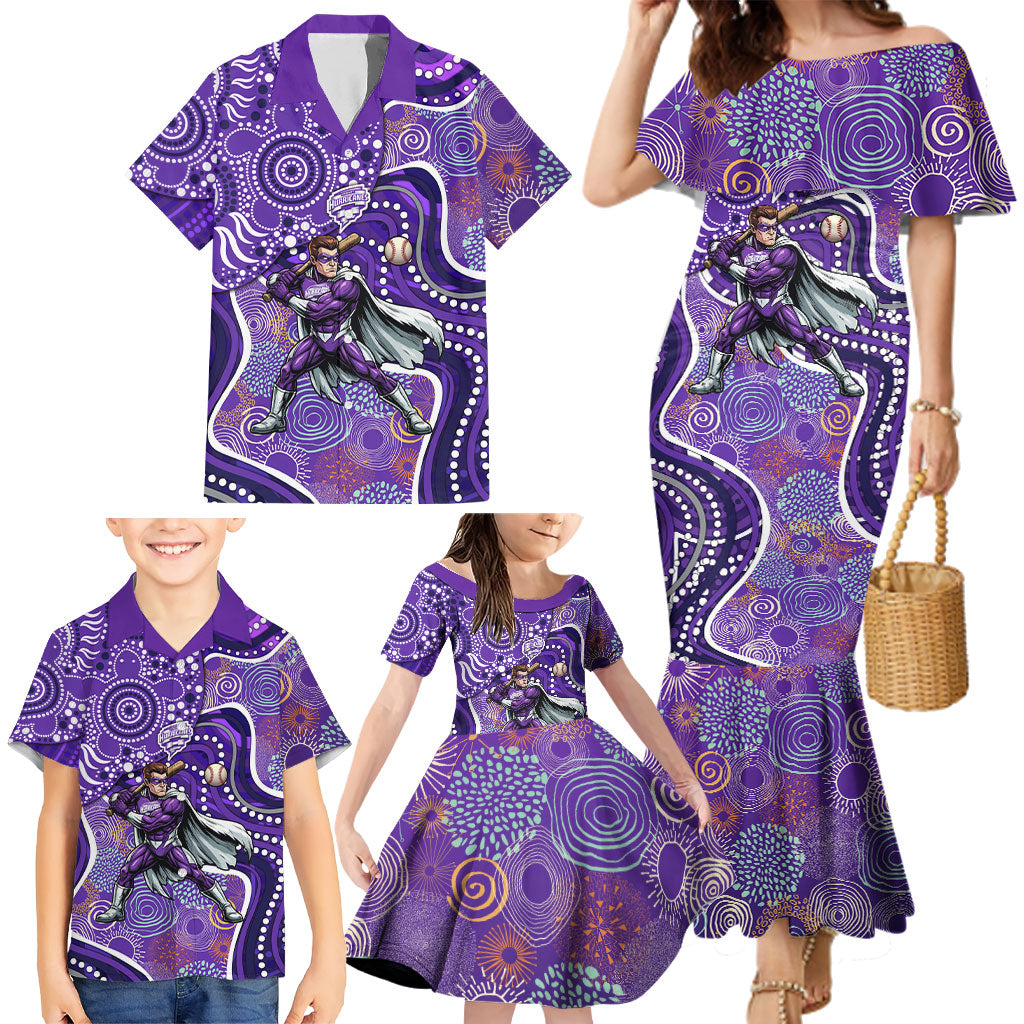 Hobart Hurricanes Family Matching Mermaid Dress and Hawaiian Shirt Indigenous Dot Art Superhero Batter Tribal Pattern