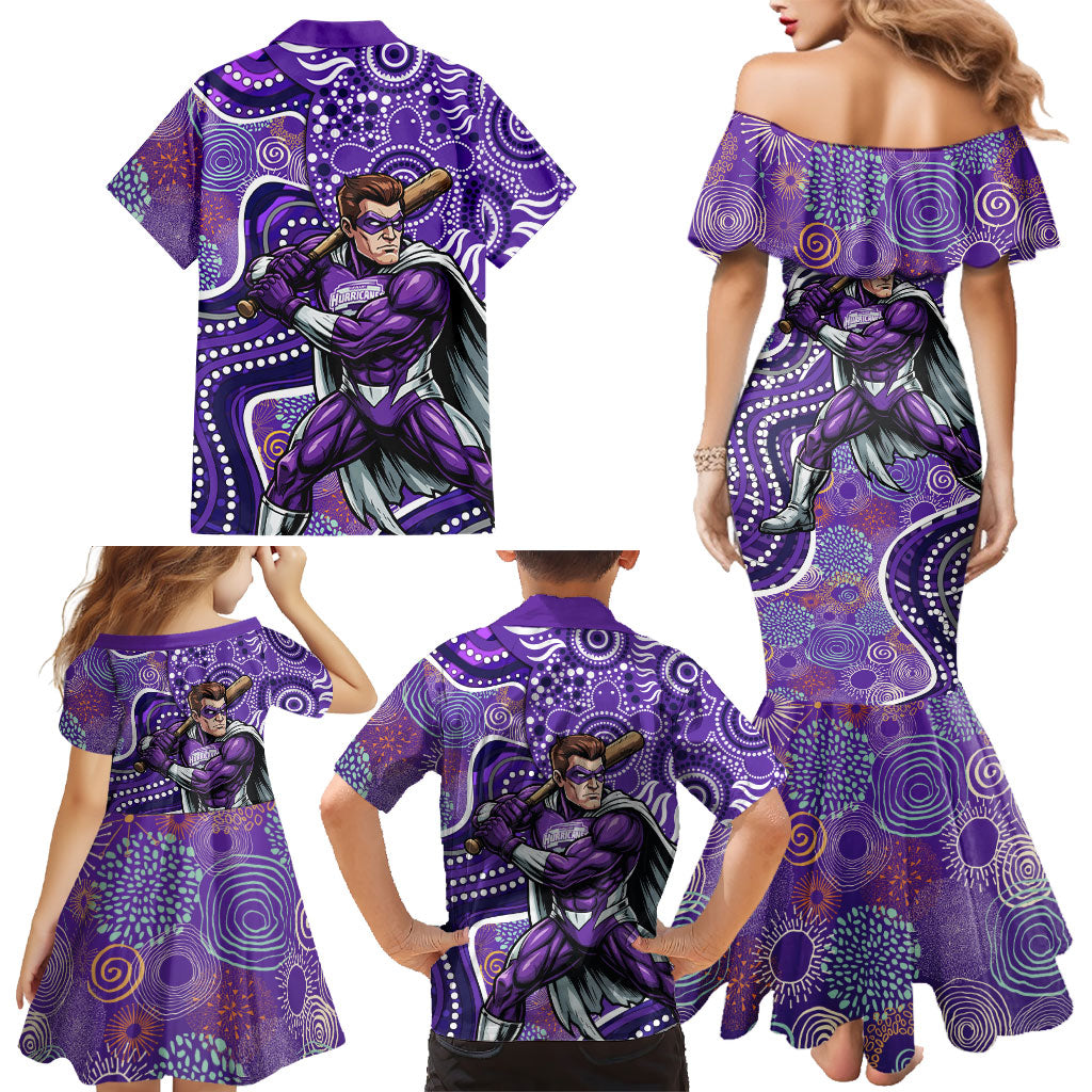 Hobart Hurricanes Family Matching Mermaid Dress and Hawaiian Shirt Indigenous Dot Art Superhero Batter Tribal Pattern