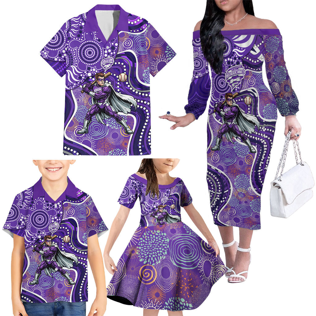 Hobart Hurricanes Family Matching Off The Shoulder Long Sleeve Dress and Hawaiian Shirt Indigenous Dot Art Superhero Batter Tribal Pattern